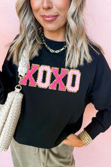 Black Chenille XOXO Patched Drop Shoulder Valentines Pullover Sweatshirt Graphic Sweatshirts JT's Designer Fashion