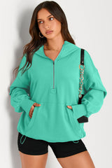 Aruba Blue Solid Kangaroo Pocket Half Zipper Oversized Hoodie Sweatshirts & Hoodies JT's Designer Fashion