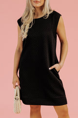 Black Textured Cap Sleeve T-shirt Shift Mini Dress Mini Dresses JT's Designer Fashion