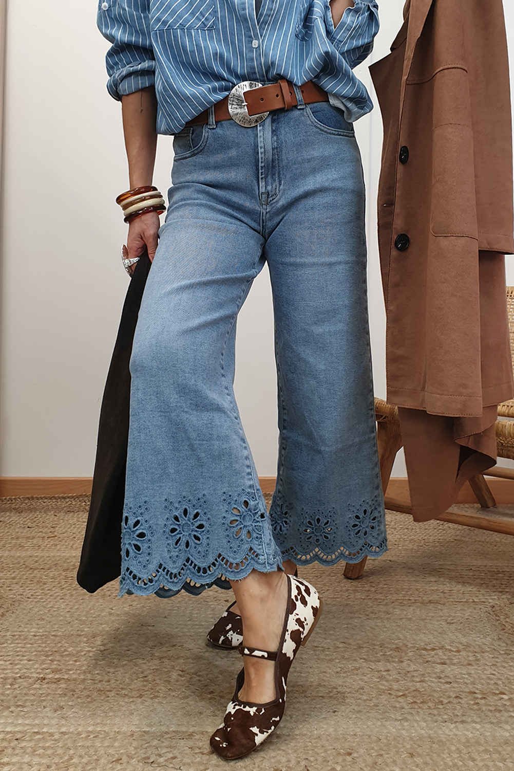 Dusk Blue Embroidered Cropped Wide Leg High Waist Jeans Jeans JT's Designer Fashion