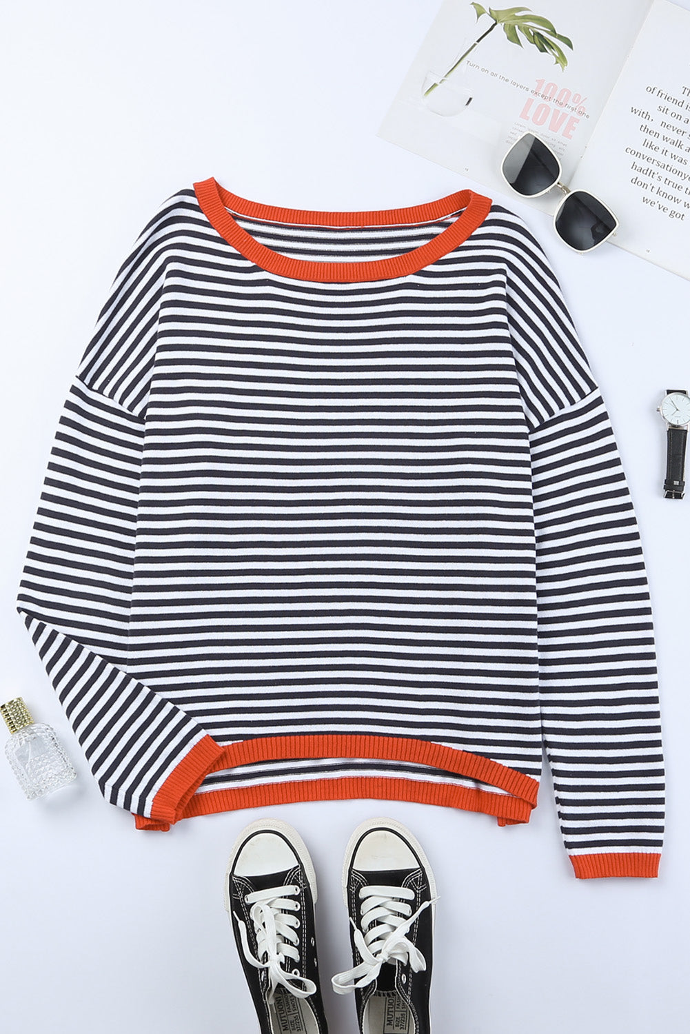 Contrast Trimmed Striped Drop Shoulder Sweater Sweaters & Cardigans JT's Designer Fashion