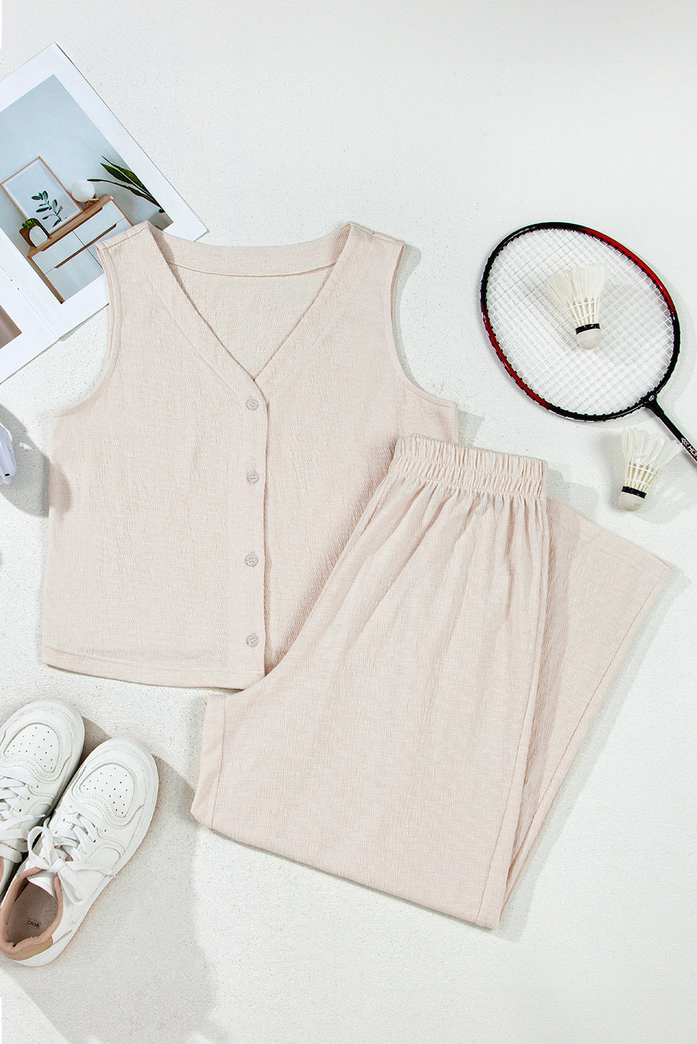 Apricot Buttoned V Neck Tank Top and Wide Leg Pants Casual Outfit Pant Sets JT's Designer Fashion