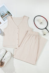 Apricot Buttoned V Neck Tank Top and Wide Leg Pants Casual Outfit Pant Sets JT's Designer Fashion