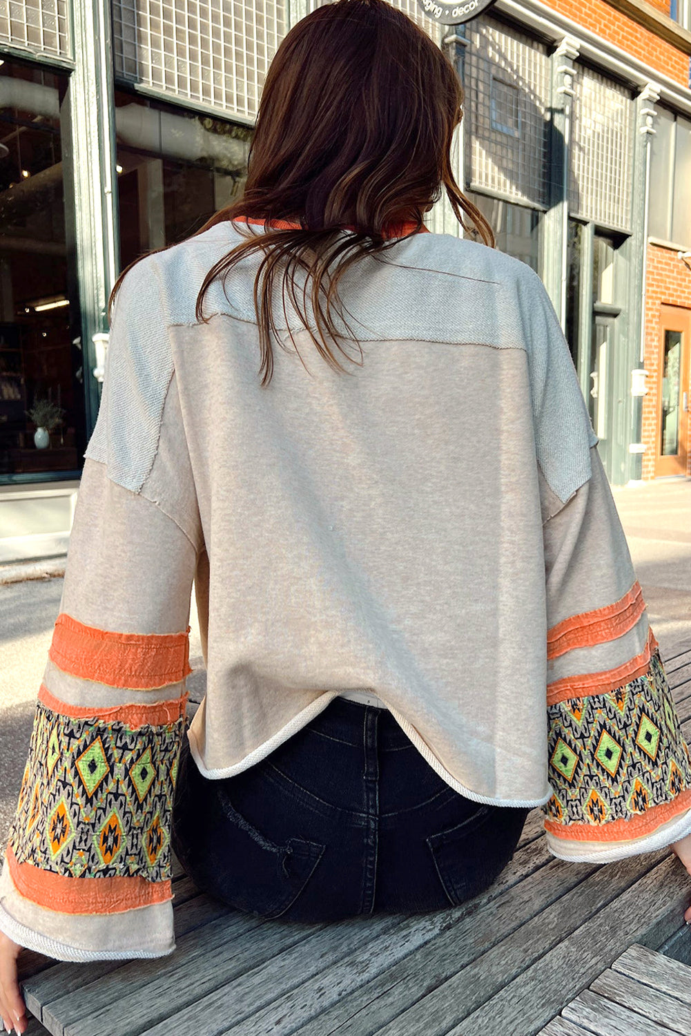 Apricot Western Aztec Patch Mineral Wash Loose Fit Top Long Sleeve Tops JT's Designer Fashion