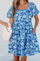 Blue Floral Puff Sleeve Babydoll Mini Dress Floral Dresses JT's Designer Fashion