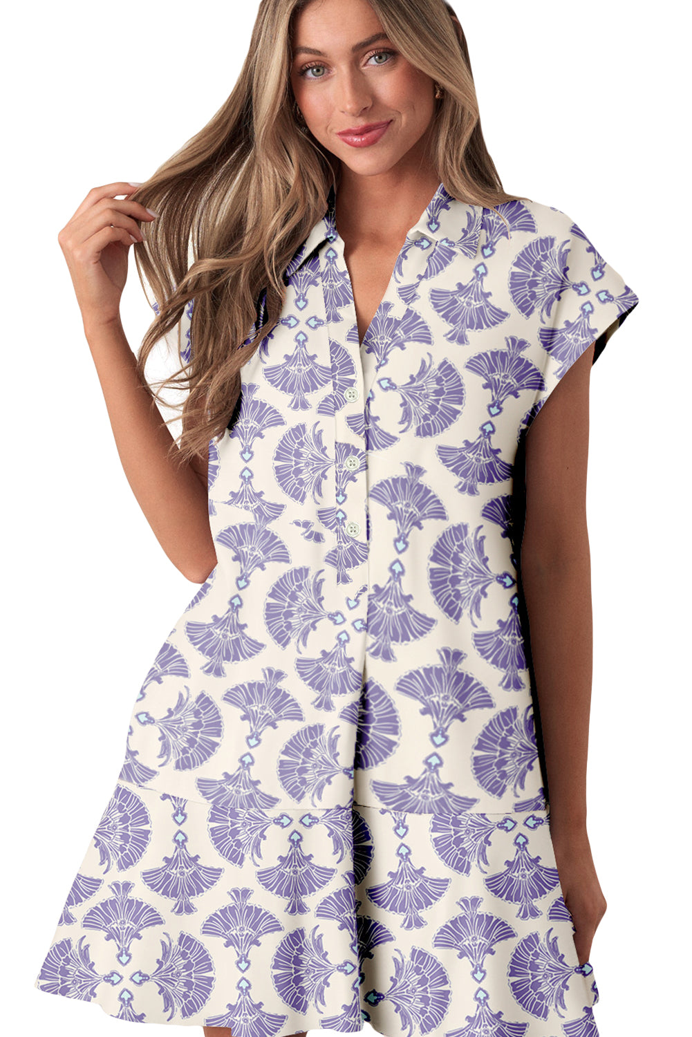 Sky Blue Printed Shirt Collar Half Button A-line Mini Dress Dresses JT's Designer Fashion