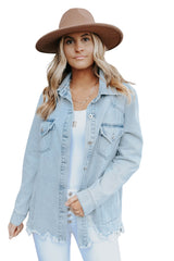 Sky Blue Flap Pocket Buttoned Raw Hem Denim Jacket Denim Jackets JT's Designer Fashion