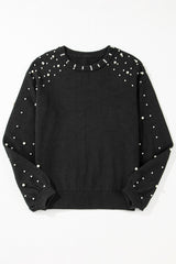Black Pearled Drop Shoulder Round Neck Sweater Sweaters JT's Designer Fashion