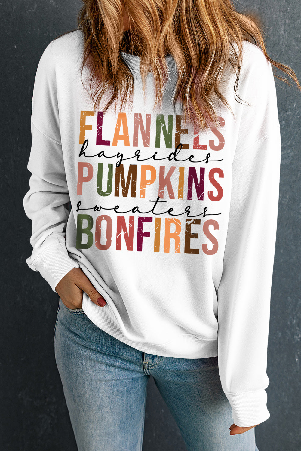 Beige FLANNELS PUMPKINS BONFIRES Graphic Drop Shoulder Sweatshirt Graphic Sweatshirts JT's Designer Fashion