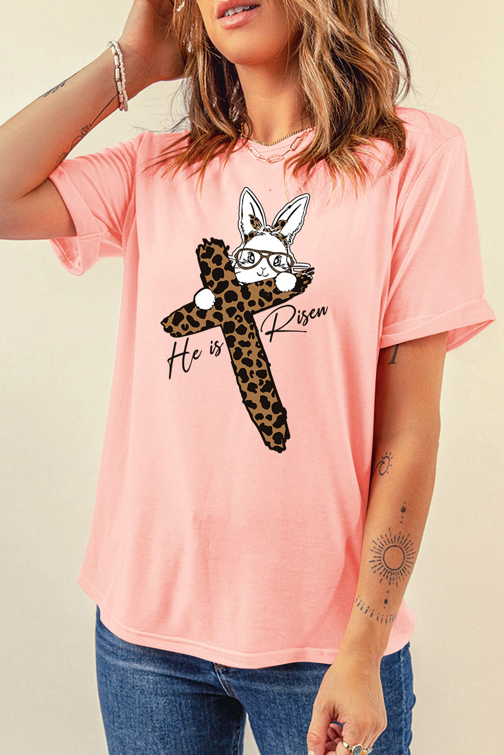 Pink He is Risen Easter Bunny Leopard Cross Graphic Tee Graphic Tees JT's Designer Fashion