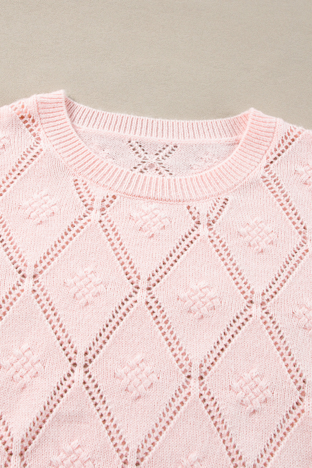 Gossamer Pink Openwork Plaid Puff Sleeve Cropped Sweater Sweaters JT's Designer Fashion