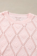 Gossamer Pink Openwork Plaid Puff Sleeve Cropped Sweater Sweaters JT's Designer Fashion
