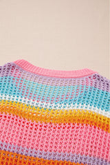 Pink Stripe Plus Size Open Knit Patch Pocket Short Sleeve Sweater Plus Size Sweaters & Cardigans JT's Designer Fashion