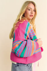 Rose Stripe Colorful Puff Sleeve Drop Shoulder Loose Cardigan Cardigans JT's Designer Fashion