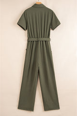 Moss Green Half Button Belted Utility Short Sleeve Jumpsuit Jumpsuits & Rompers JT's Designer Fashion