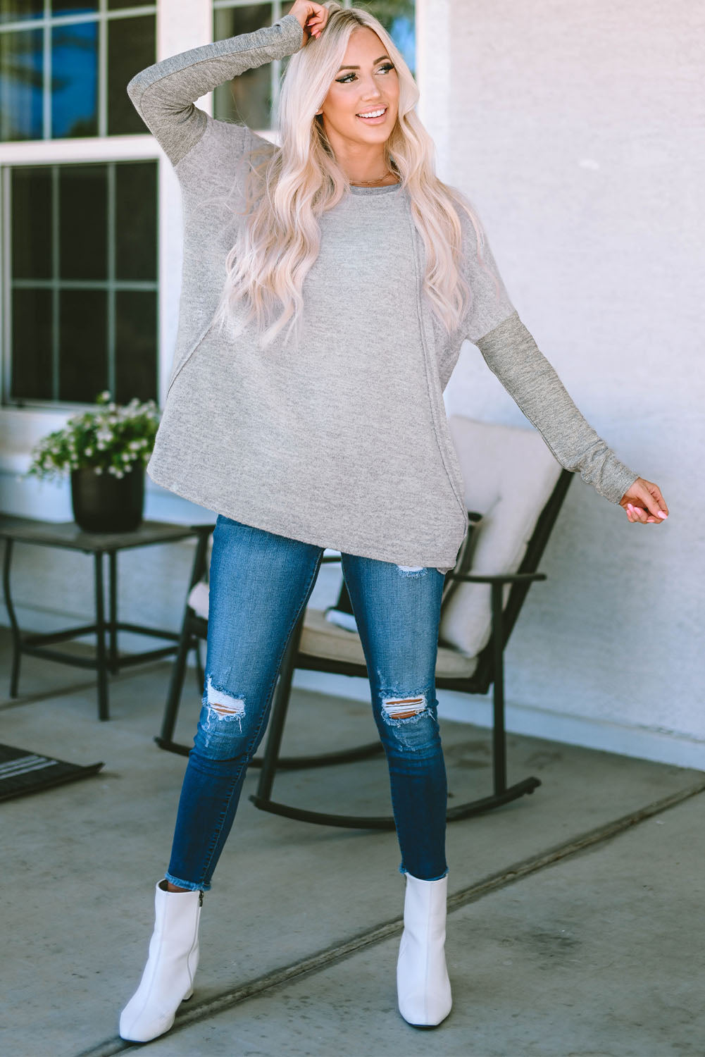 Gray Exposed Seam Patchwork Long Sleeve Top Long Sleeve Tops JT's Designer Fashion