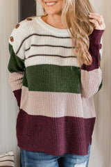 Green Color Block Striped Buttoned Shoulder Split Sweater Sweaters JT's Designer Fashion