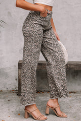 Brown Leopard Frayed Edge Wide Leg High Waist Jeans Jeans JT's Designer Fashion
