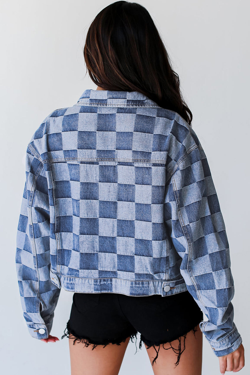 Light Blue Checkered Patchwork Button up Denim Jacket Denim Jackets JT's Designer Fashion