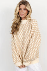 Oatmeal Diamond Knit Drop Shoulder Loose Sweater Sweaters JT's Designer Fashion