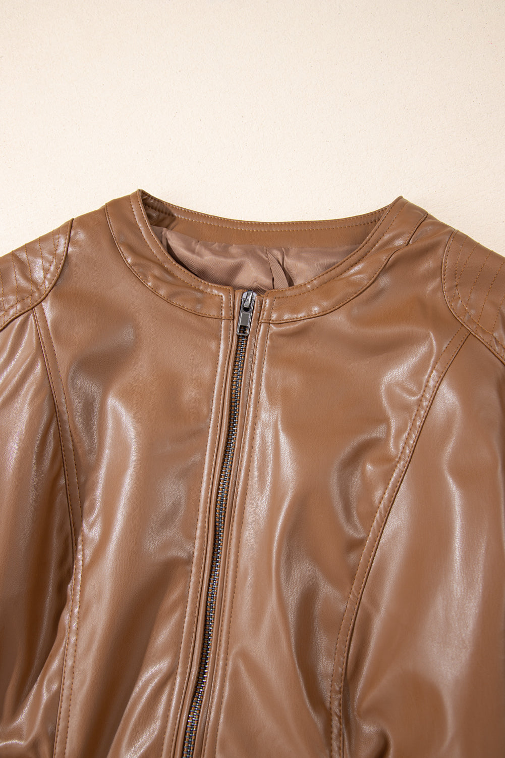 Chestnut Solid Faux Leather Zipper Slim Fit Bomber Jacket Jackets JT's Designer Fashion