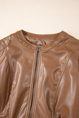 Chestnut Solid Faux Leather Zipper Slim Fit Bomber Jacket Jackets JT's Designer Fashion