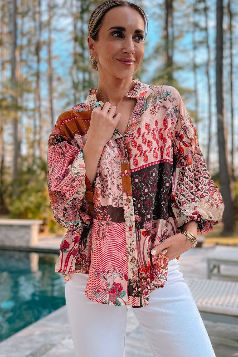 Red Boho Geometric Mixed Print Patchwork Bubble Sleeve Shirt Blouses & Shirts JT's Designer Fashion