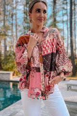 Red Boho Geometric Mixed Print Patchwork Bubble Sleeve Shirt Blouses & Shirts JT's Designer Fashion