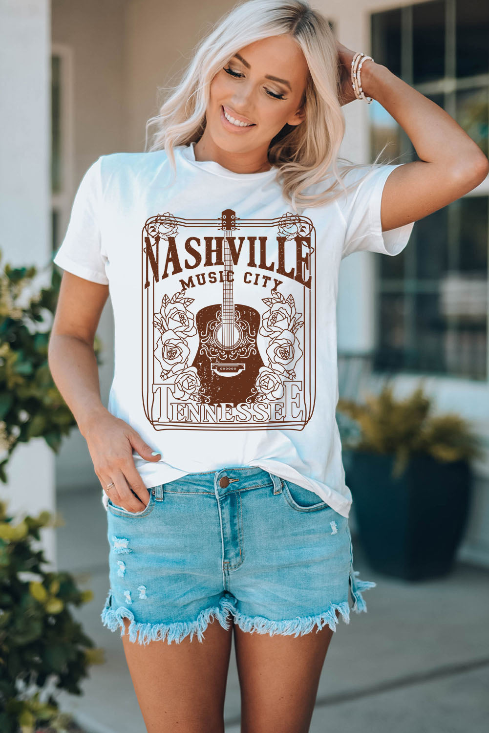 White NASHVILLE MUSIC CITY Graphic Crew Neck Tee Graphic Tees JT's Designer Fashion