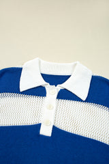 Blue Stripe Colorblock Polo Collar Eyelet Crochet Knitted Sweater Sweaters JT's Designer Fashion