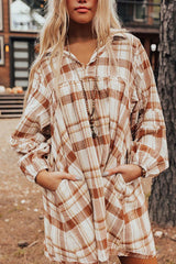Brown Plaid Print Side Pockets Frilled Babydoll Mini Dress Mini Dresses JT's Designer Fashion