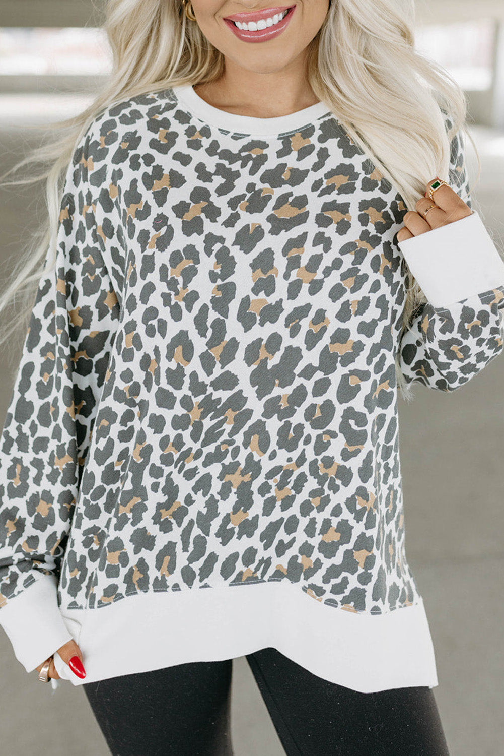 White Printed Solid Trim Leopard Print Top Long Sleeve Tops JT's Designer Fashion