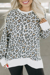 White Printed Solid Trim Leopard Print Top Long Sleeve Tops JT's Designer Fashion