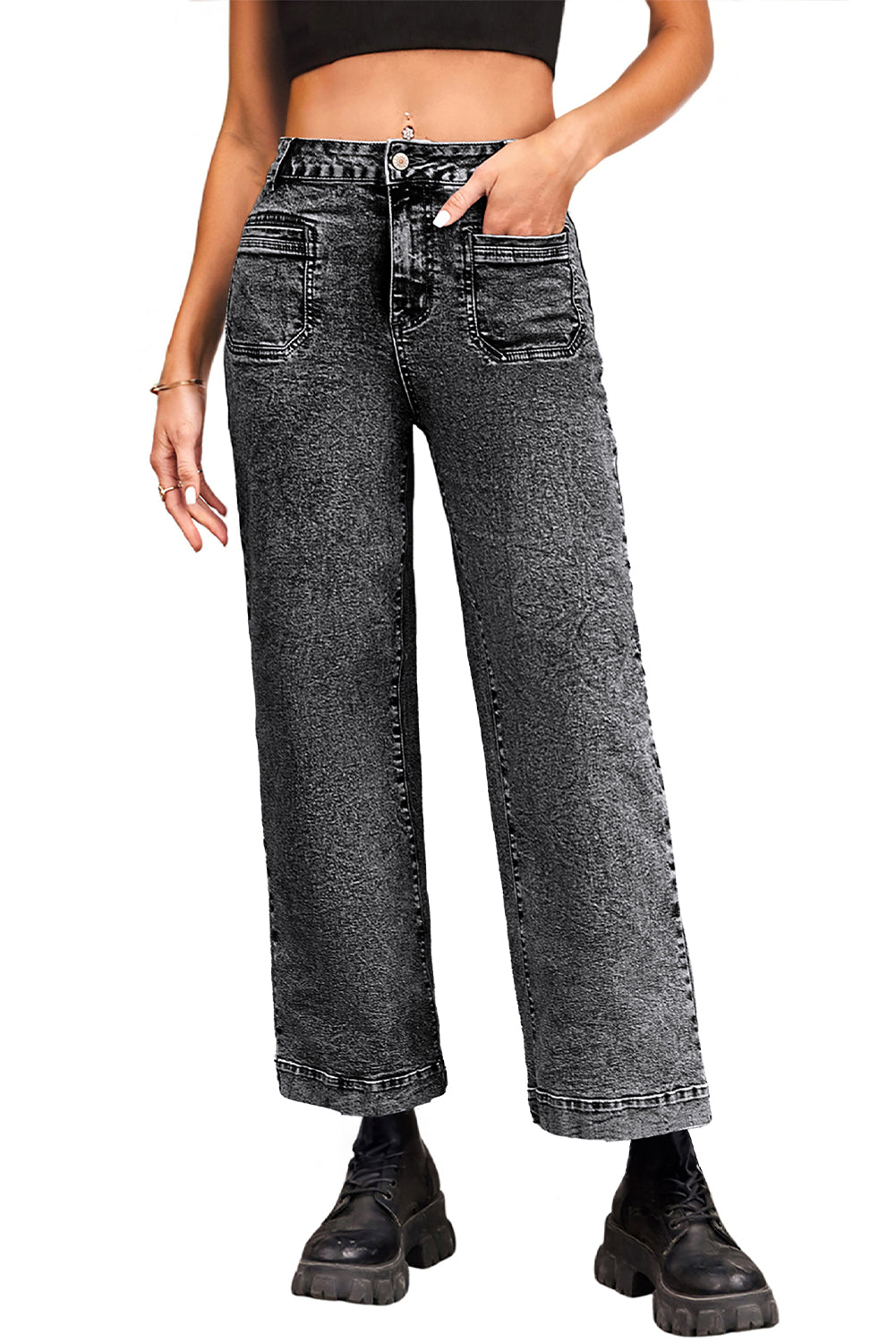 Black Chic Patch Pocket Straight Leg Loose Jeans Jeans JT's Designer Fashion