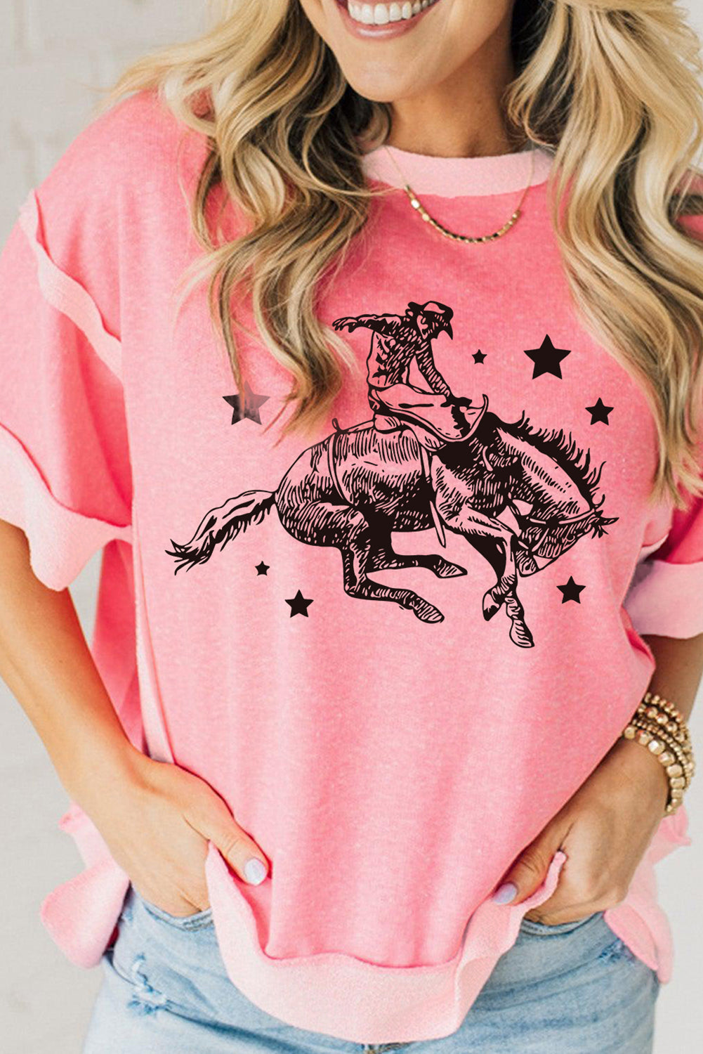 Peach Blossom Raw Seam Mix Texture Patchwork Rodeo Graphic Tee Graphic Tees JT's Designer Fashion