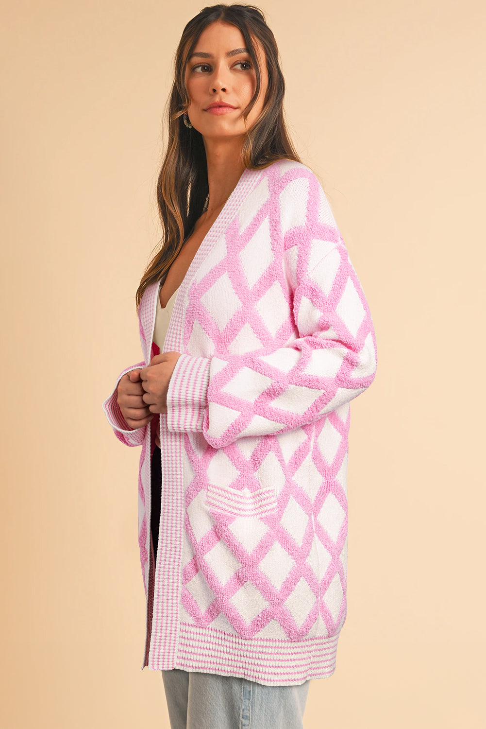 Pink Rhombus Pattern Knit Open Front Pocketed Cardigans Cardigans JT's Designer Fashion