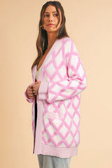 Pink Rhombus Pattern Knit Open Front Pocketed Cardigans Cardigans JT's Designer Fashion