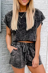 Black Acid Washed Short Lounge Set Black 100%Cotton Short Sets JT's Designer Fashion