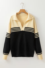 Black Colorblock Stripe Collared V Neck Sweater Sweaters JT's Designer Fashion