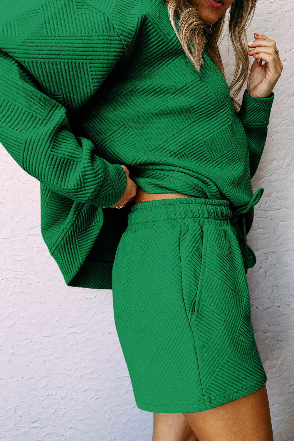 Green Textured Long Sleeve Top and Drawstring Shorts Set Short Sets JT's Designer Fashion