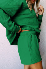 Green Textured Long Sleeve Top and Drawstring Shorts Set Short Sets JT's Designer Fashion