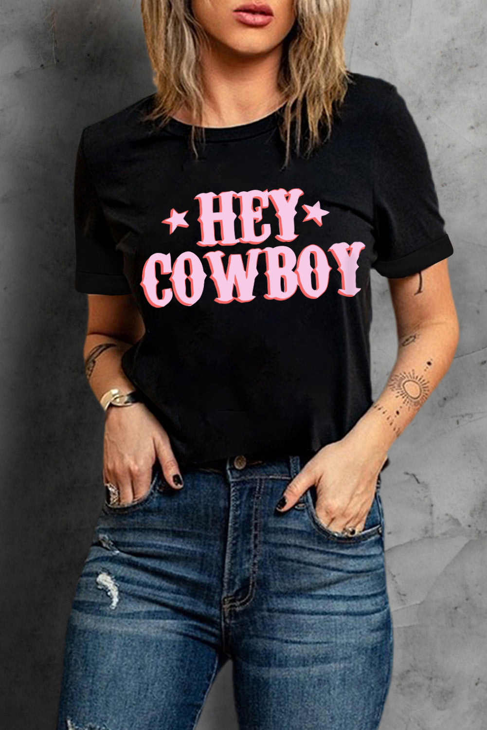 Black HEY COWBOY Graphic Crew Neck T-shirt Graphic Tees JT's Designer Fashion