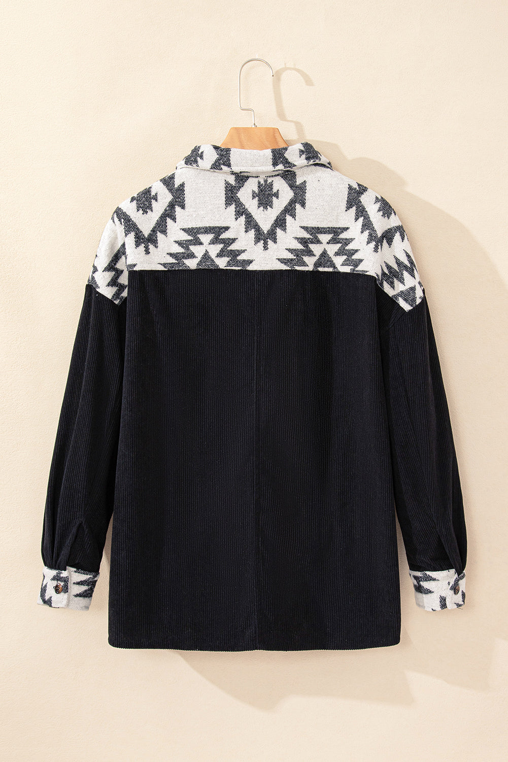 Black Aztec Patchwork Buttoned Corduroy Shacket Jackets JT's Designer Fashion