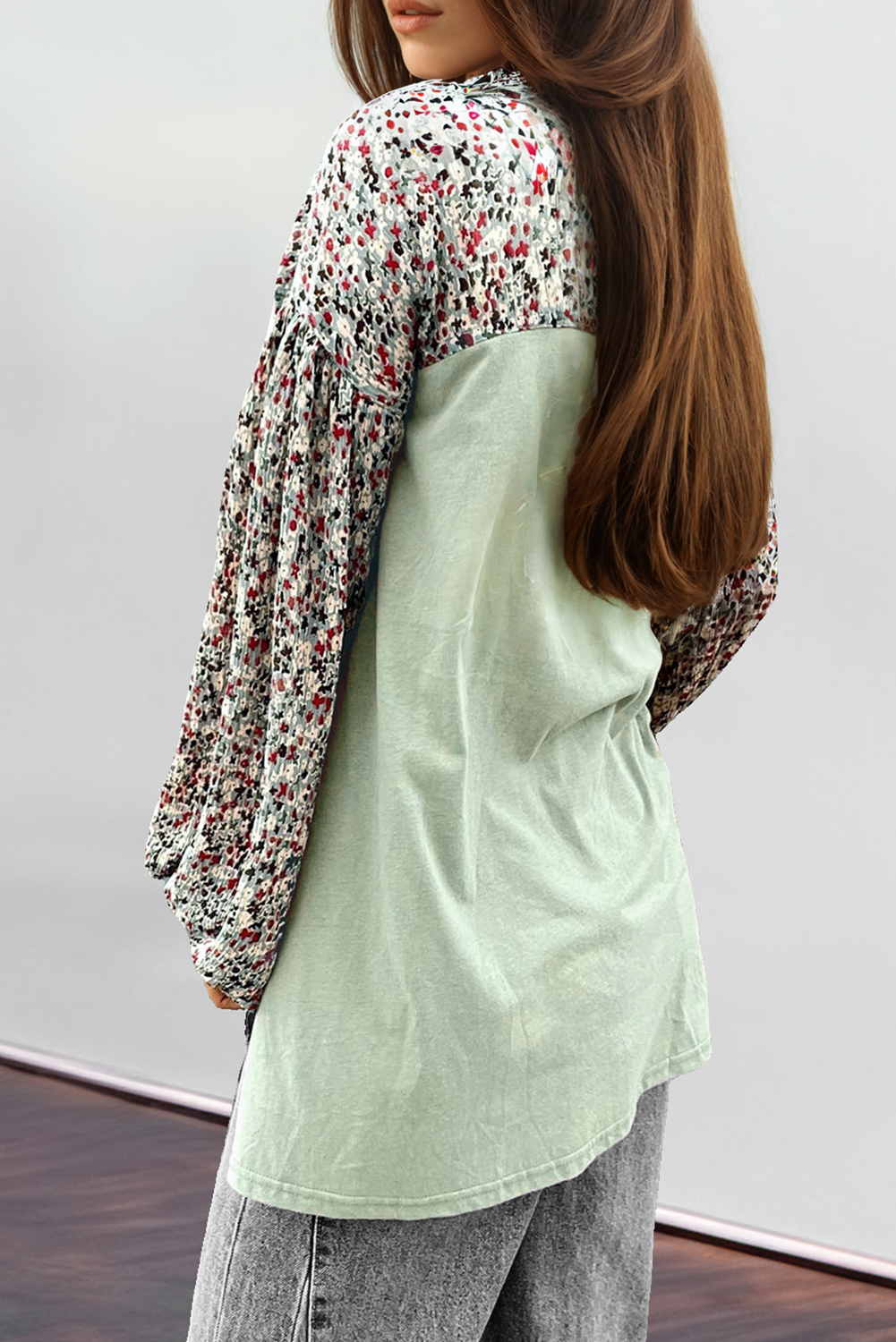 Meadow Mist Green Contrast Printed Bubble Sleeve Henley Loose Top with Slits Long Sleeve Tops JT's Designer Fashion