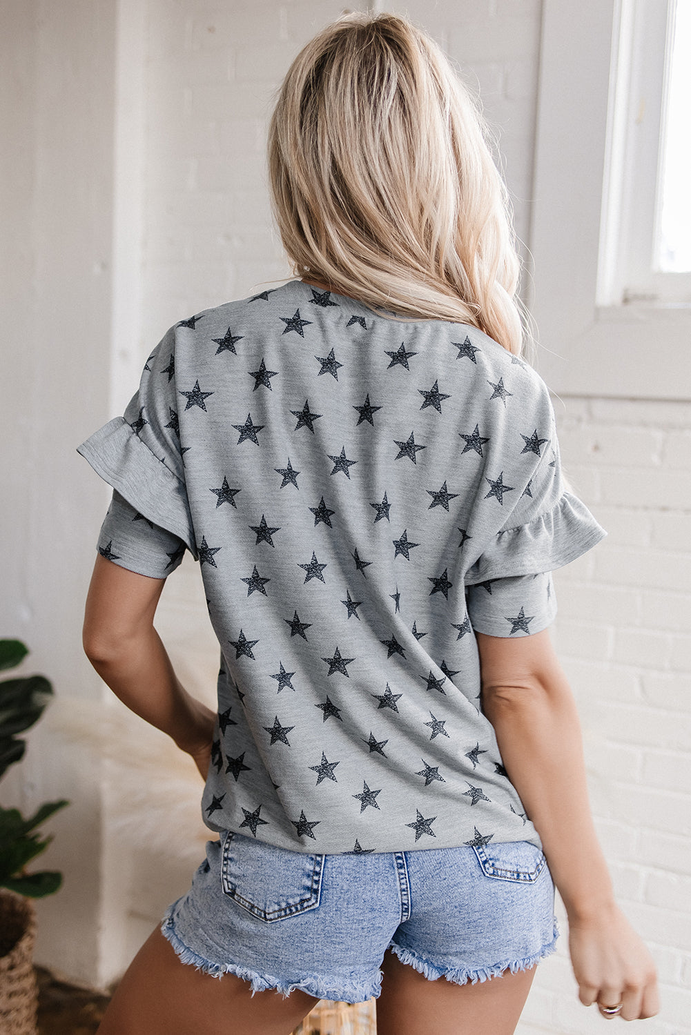 Gray USA Letter Patched Star Printed Ruffle Trim Sleeves Loose Tee Graphic Tees JT's Designer Fashion