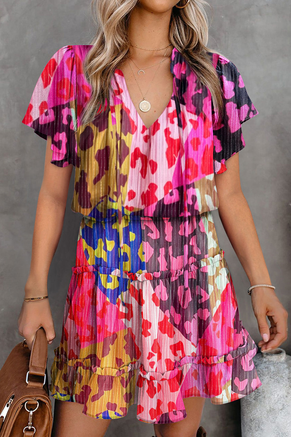 Rose Leopard Print Short Sleeve Tiered Ruffle Mini Dress Dresses JT's Designer Fashion