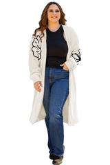 Beige Flower Embroidered Drop Shoulder Open Front Duster Cardigan Cardigans JT's Designer Fashion