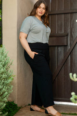 Black Shirred High Waist Plus Size Wide Leg Pants Plus Size Bottoms JT's Designer Fashion