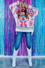 White Oversize Aztec Print High Low V Neck Sweater Sweaters JT's Designer Fashion