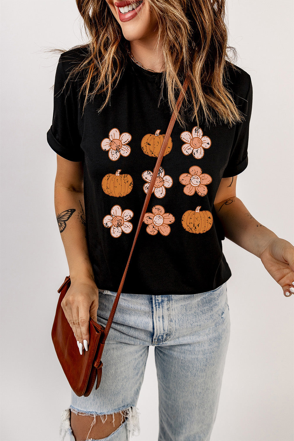 Black Pumpkin Flower Print Short Sleeve Graphic Top Graphic Tees JT's Designer Fashion